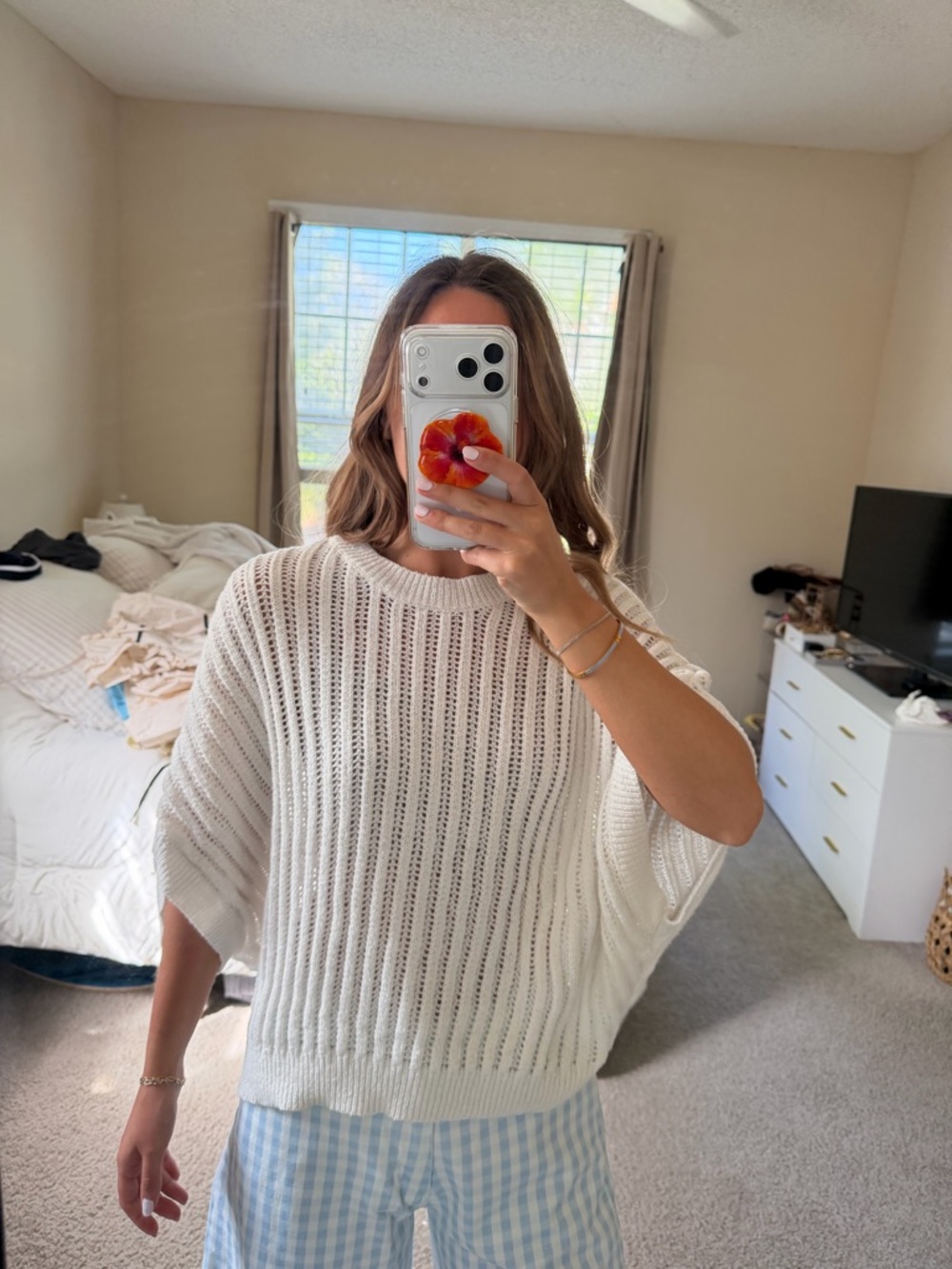 Women's White Open-Knit Short Sleeve Sweater